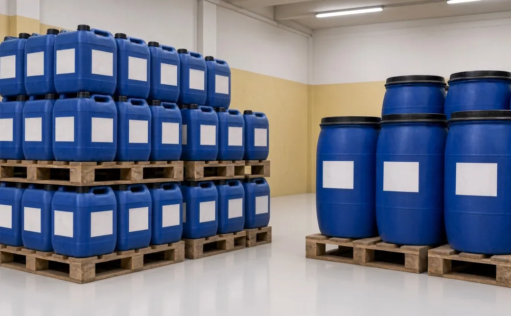 Bulk cans and drums stacked on pallets