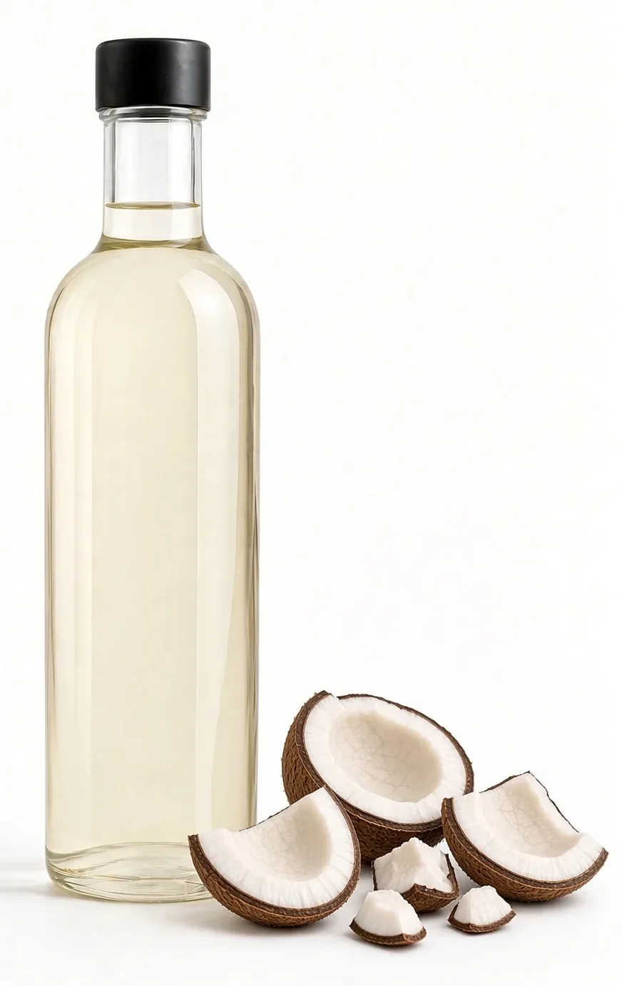 Organic cold-pressed coconut oil in a glass bottle with coconut pieces
