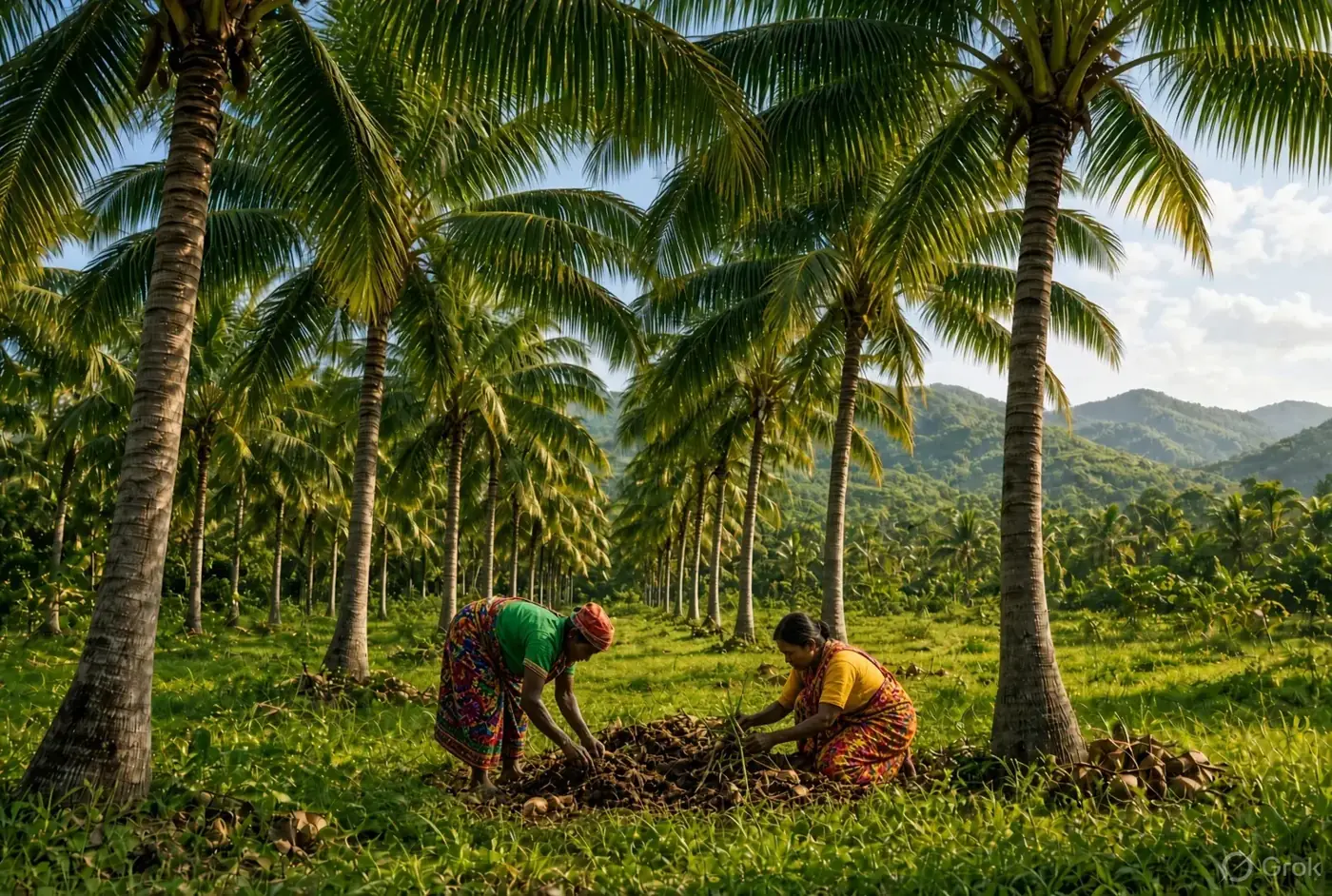 Organic coconut farmers in a Pollachi grove