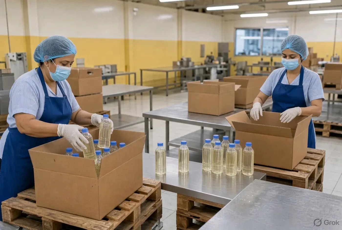 Staff packing coconut oil bottles into cartons
