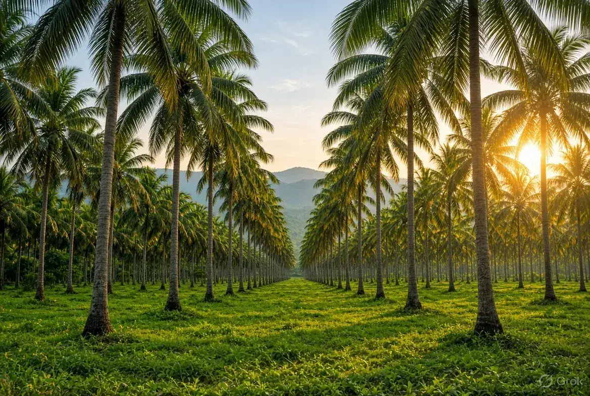 Rows of coconut palms in a Pollachi grove