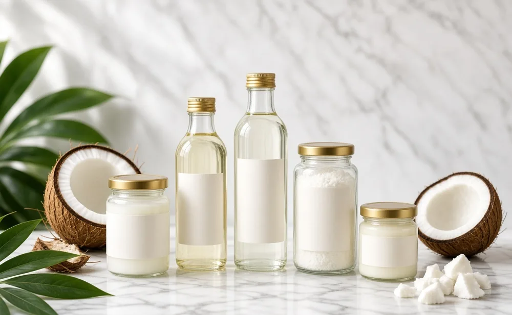 Coconut oil and desiccated coconut in blank-label bottles and jars