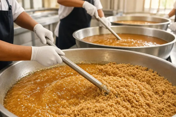 Thick syrup stirred until it crystallises into coconut sugar