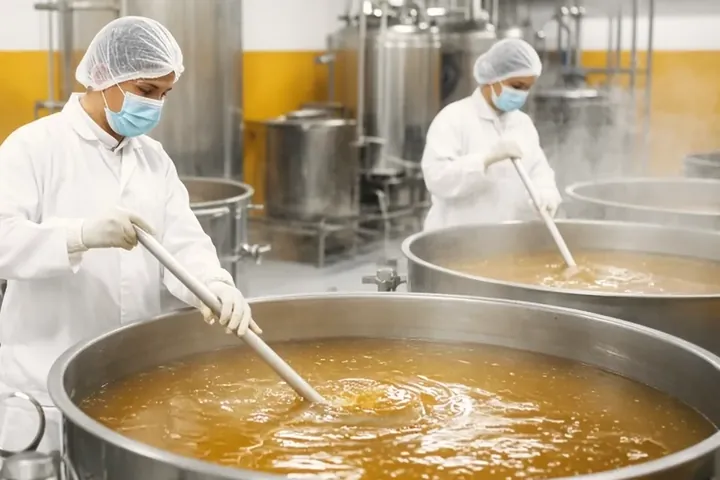 Coconut nectar gently heated in stainless-steel pans