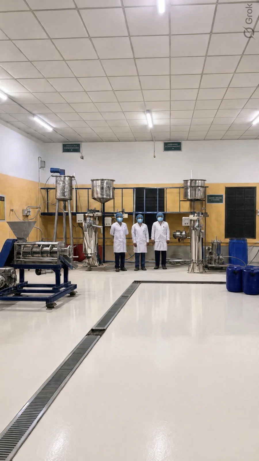 Processing line with staff in hygiene gear
