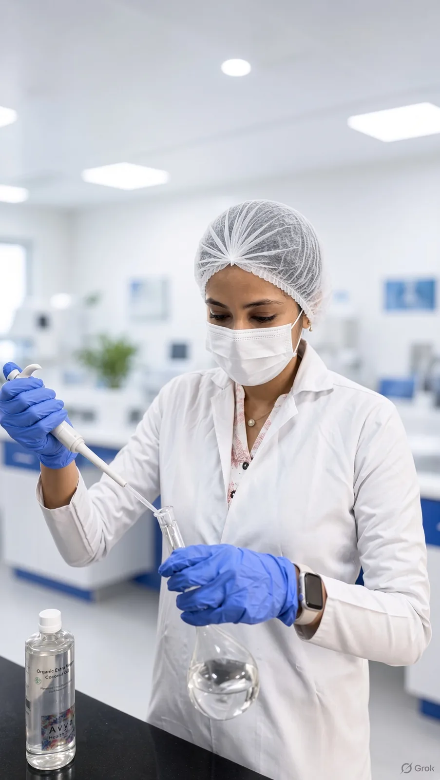 Quality control analyst testing a coconut oil sample