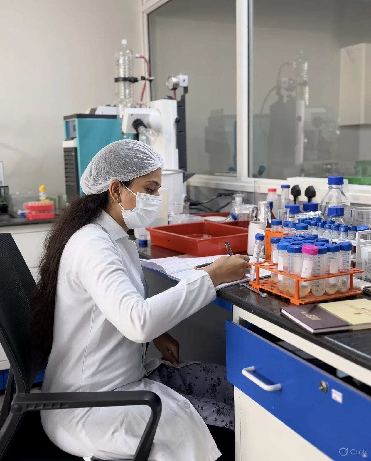 Research scientist recording results beside sample tubes
